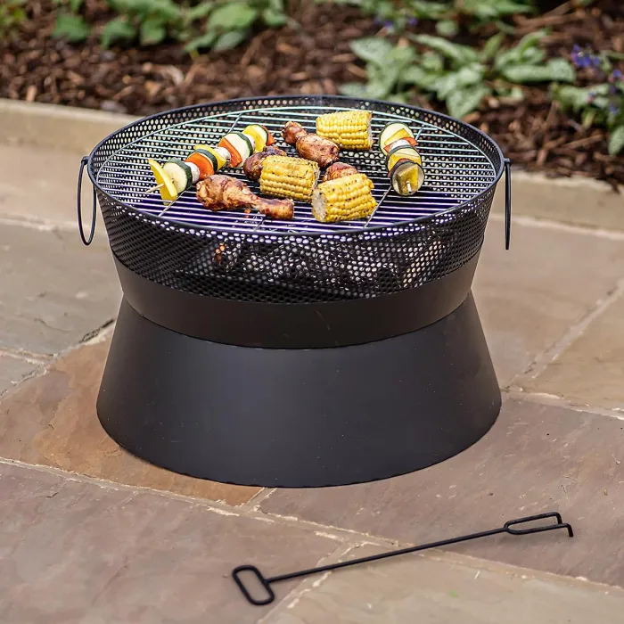 Leon Firepit - Outdoor Garden Fire Pit Wood Charcoal Burner with 360 Flame View, Integrated Fuel Gate & Chrome Plated BBQ Grill