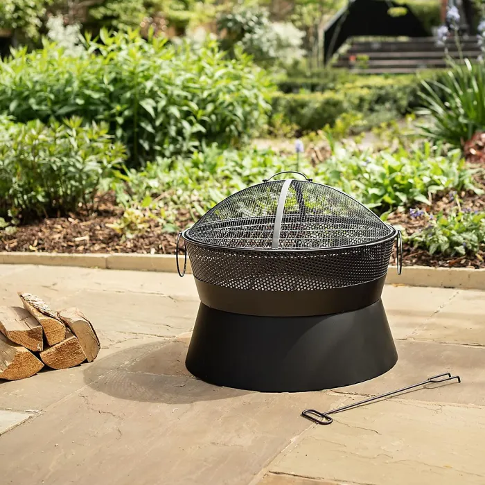 Leon Firepit - Outdoor Garden Fire Pit Wood Charcoal Burner with 360 Flame View, Integrated Fuel Gate & Chrome Plated BBQ Grill