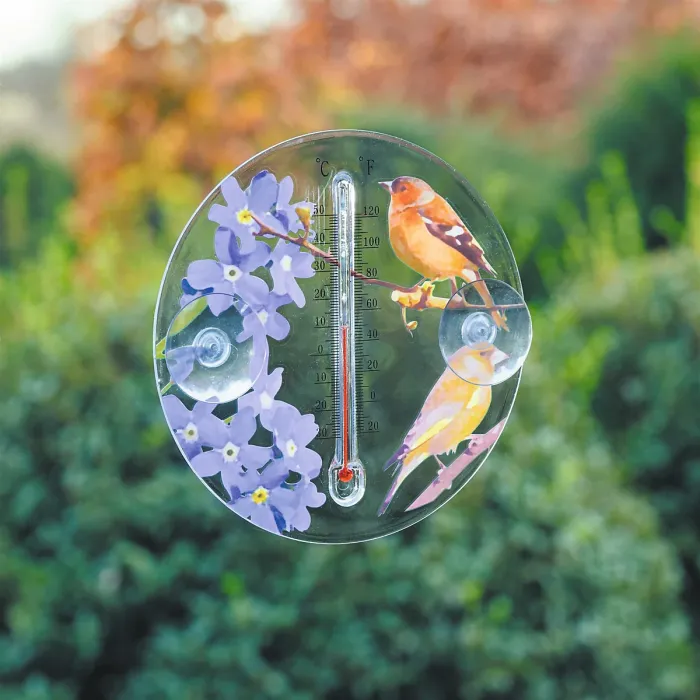 Outdoor Window Thermometer - Indoor Outdoor Home Garden Circular Temperature Reader with Flower & Bird Design - 16.5cm Diameter