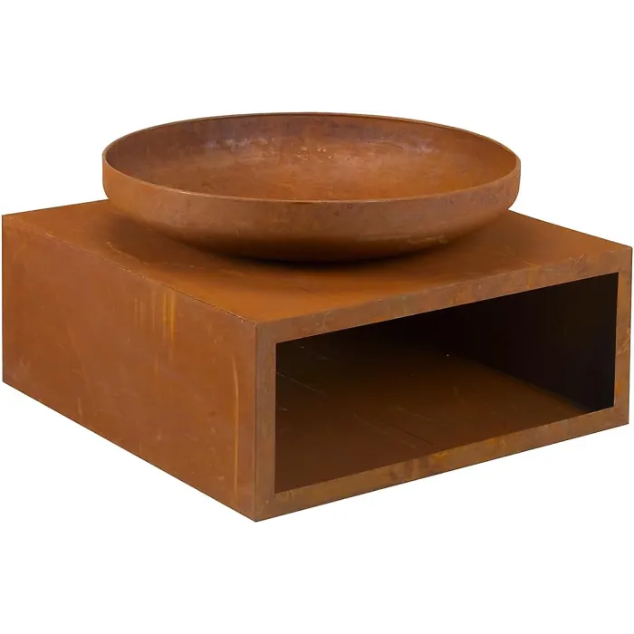 Tierra Fire Pit Bowl & Log Store Weatherproof Oxidised Metal Outdoor Garden Wood Burner Rust-Effect Finish Integral Storage 64cm
