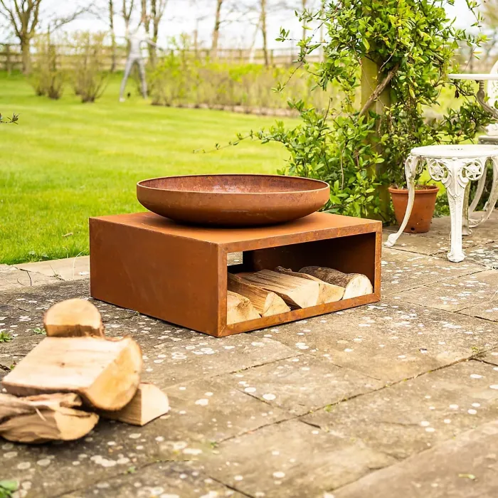 Tierra Fire Pit Bowl & Log Store Weatherproof Oxidised Metal Outdoor Garden Wood Burner Rust-Effect Finish Integral Storage 64cm