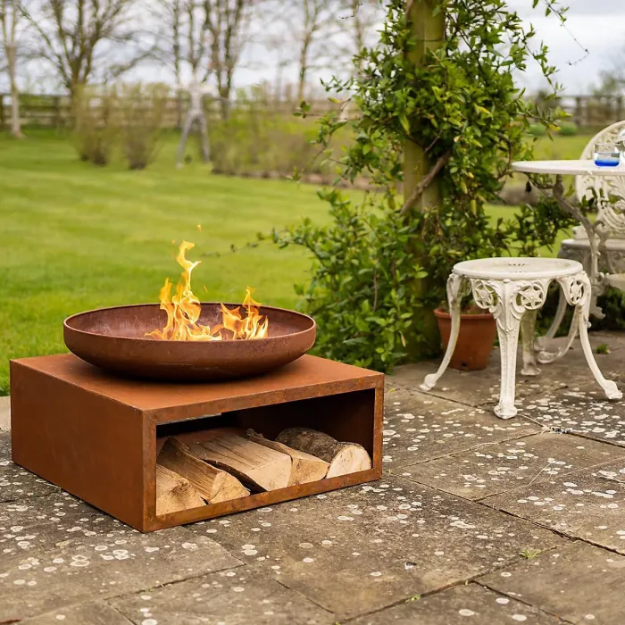 Tierra Fire Pit Bowl & Log Store Weatherproof Oxidised Metal Outdoor Garden Wood Burner Rust-Effect Finish Integral Storage 64cm