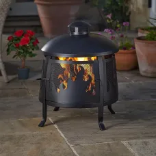 Fiesta Firepit with Cut-Out Flame Design Decorative Black Powder Coated Steel Outdoor Garden Log Wood Burner Chiminea 64 x 50cm