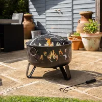 Deepbowl Firepit with Striking Flame Design, Chrome Grill for BBQ Cooking, Powder-Coated Steel, Stable 3-Leg Base & Safety Tool