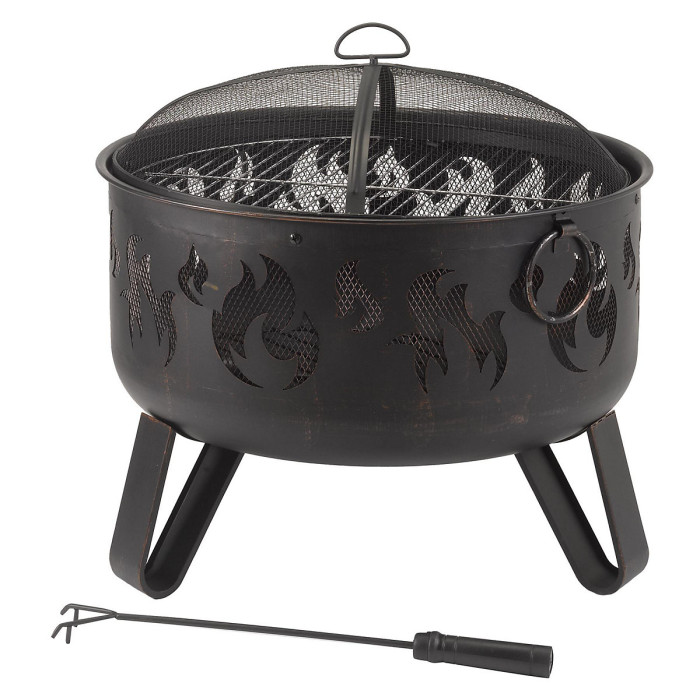Deepbowl Firepit with Striking Flame Design, Chrome Grill for BBQ Cooking, Powder-Coated Steel, Stable 3-Leg Base & Safety Tool