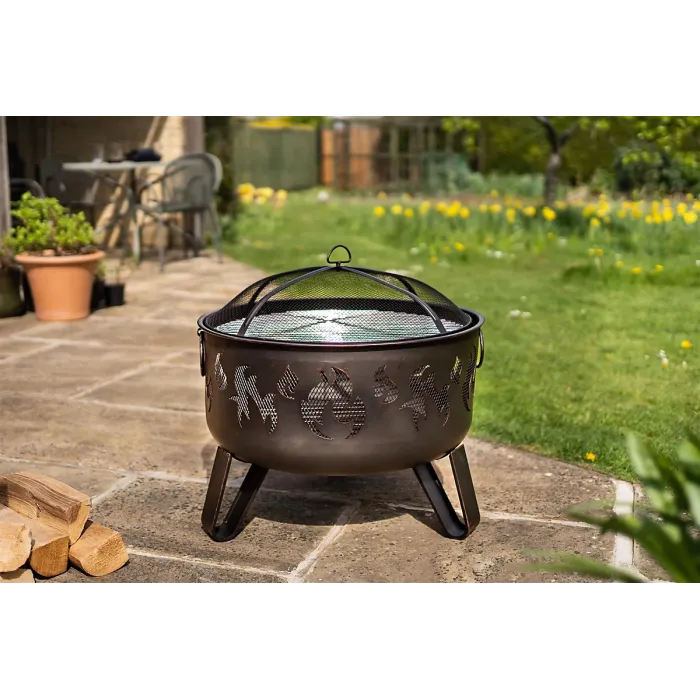 Deepbowl Firepit with Striking Flame Design, Chrome Grill for BBQ Cooking, Powder-Coated Steel, Stable 3-Leg Base & Safety Tool