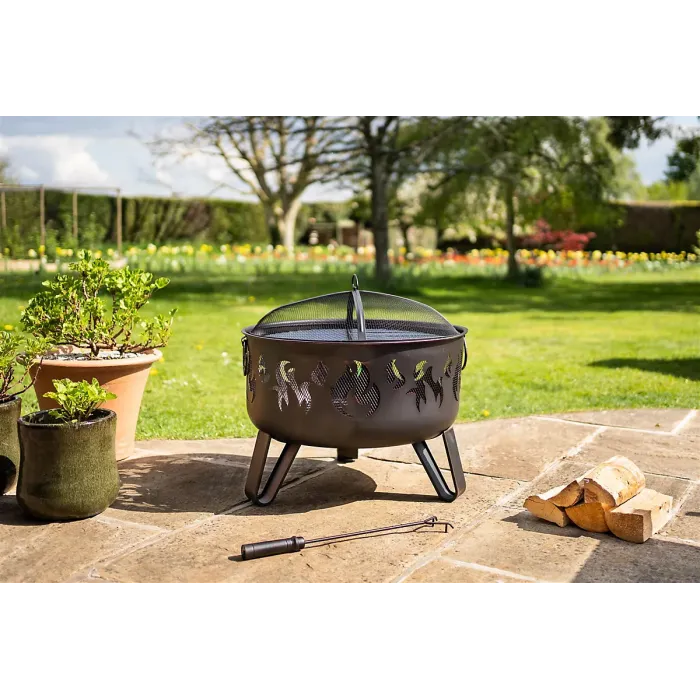 Deepbowl Firepit with Striking Flame Design, Chrome Grill for BBQ Cooking, Powder-Coated Steel, Stable 3-Leg Base & Safety Tool