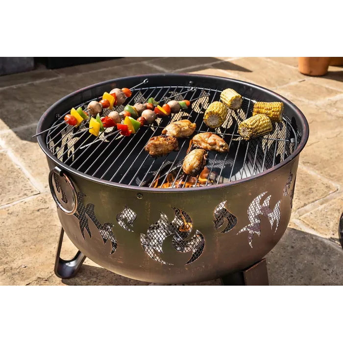 Deepbowl Firepit with Striking Flame Design, Chrome Grill for BBQ Cooking, Powder-Coated Steel, Stable 3-Leg Base & Safety Tool