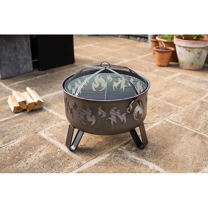 Deepbowl Firepit with Striking Flame Design, Chrome Grill for BBQ Cooking, Powder-Coated Steel, Stable 3-Leg Base & Safety Tool