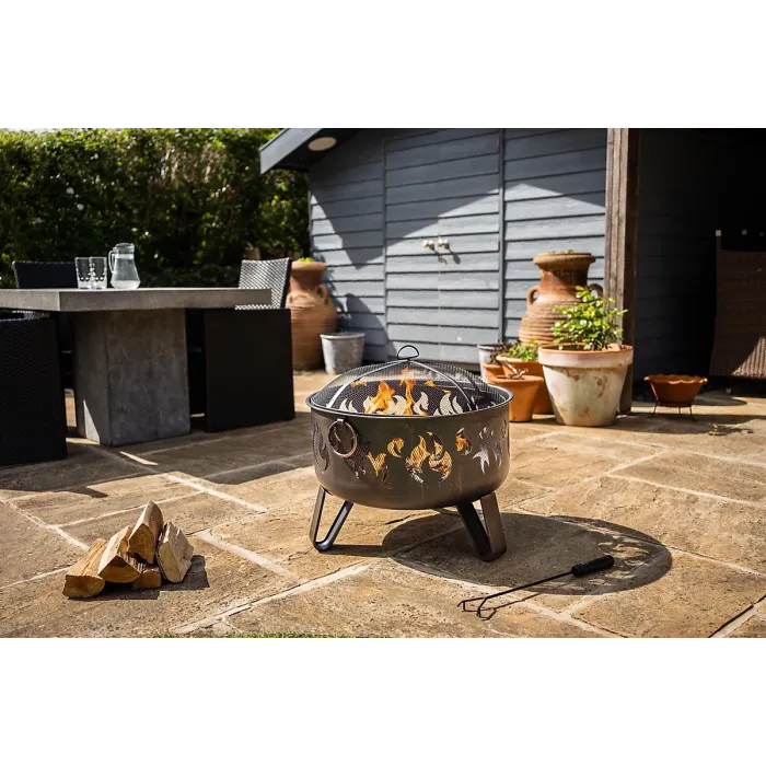 Deepbowl Firepit with Striking Flame Design, Chrome Grill for BBQ Cooking, Powder-Coated Steel, Stable 3-Leg Base & Safety Tool