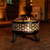 Miel Deepbowl Firepit with Honeycomb Design Outdoor Heating & BBQ Grill Powder-Coated Steel Brushed Gold Finish 58x61cm