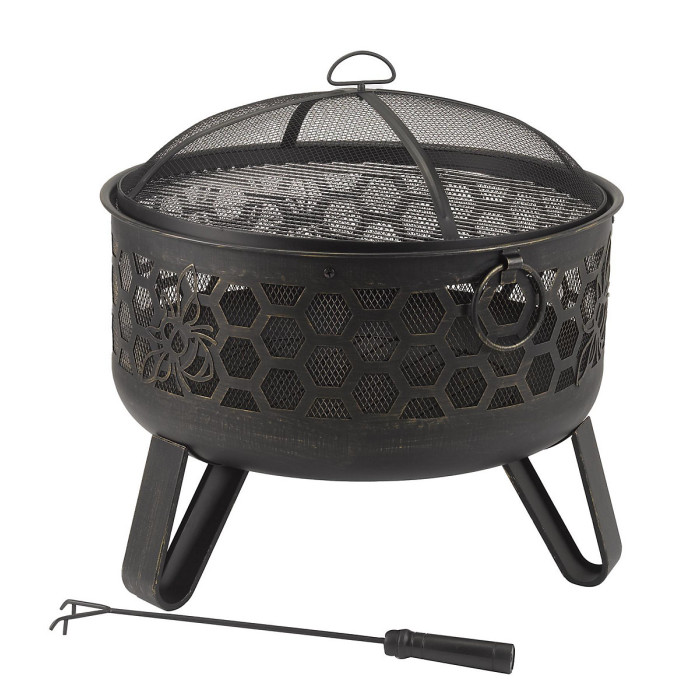 Miel Deepbowl Firepit with Honeycomb Design Outdoor Heating & BBQ Grill Powder-Coated Steel Brushed Gold Finish 58x61cm