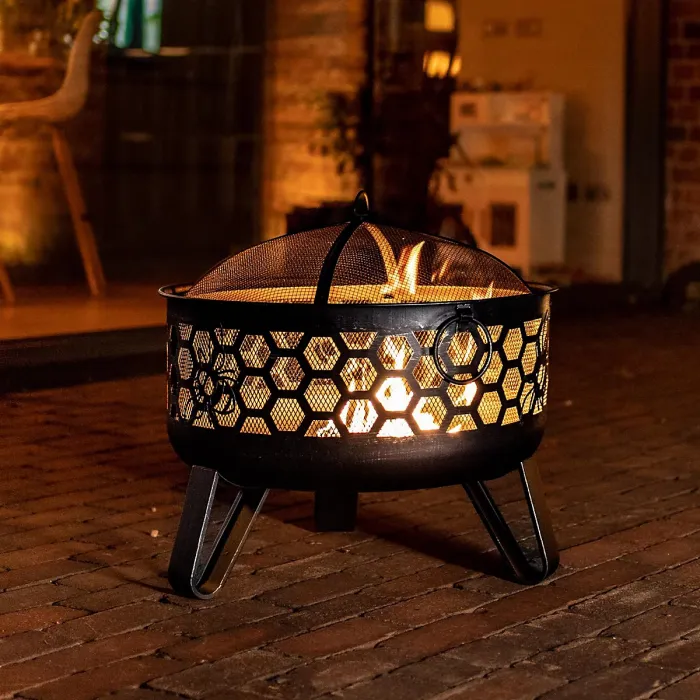Miel Deepbowl Firepit with Honeycomb Design Outdoor Heating & BBQ Grill Powder-Coated Steel Brushed Gold Finish 58x61cm