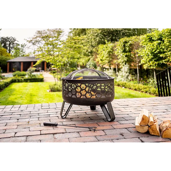 Miel Deepbowl Firepit with Honeycomb Design Outdoor Heating & BBQ Grill Powder-Coated Steel Brushed Gold Finish 58x61cm
