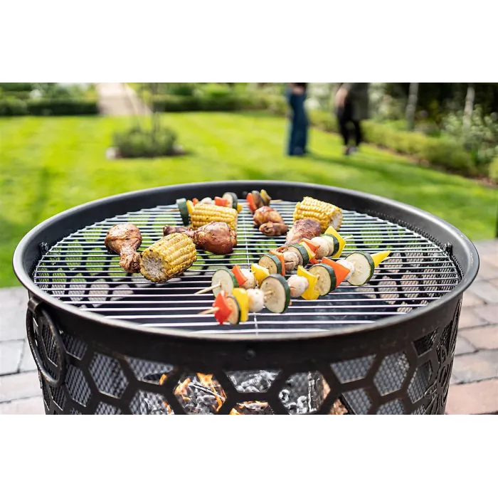 Miel Deepbowl Firepit with Honeycomb Design Outdoor Heating & BBQ Grill Powder-Coated Steel Brushed Gold Finish 58x61cm