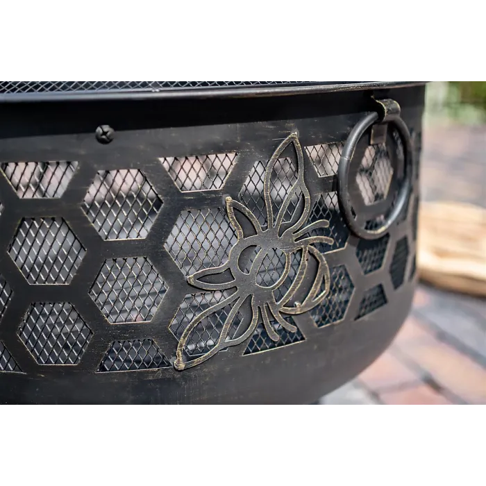 Miel Deepbowl Firepit with Honeycomb Design Outdoor Heating & BBQ Grill Powder-Coated Steel Brushed Gold Finish 58x61cm
