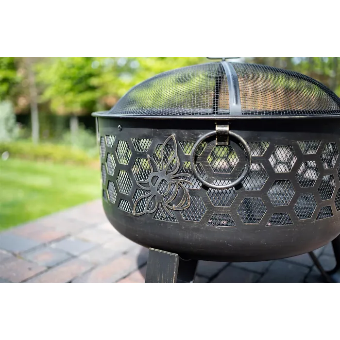 Miel Deepbowl Firepit with Honeycomb Design Outdoor Heating & BBQ Grill Powder-Coated Steel Brushed Gold Finish 58x61cm