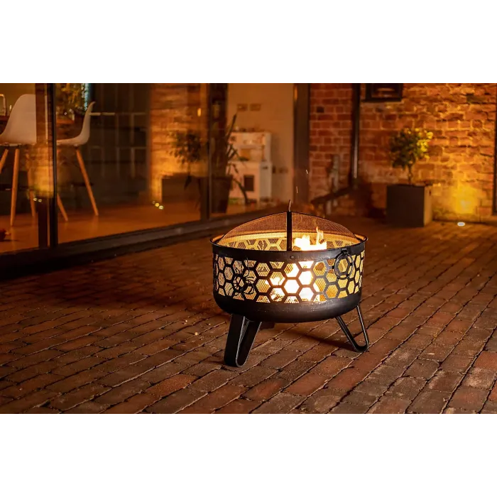 Miel Deepbowl Firepit with Honeycomb Design Outdoor Heating & BBQ Grill Powder-Coated Steel Brushed Gold Finish 58x61cm