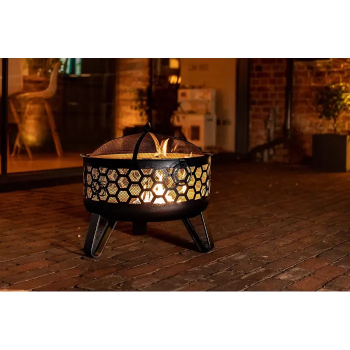 Miel Deepbowl Firepit with Honeycomb Design Outdoor Heating & BBQ Grill Powder-Coated Steel Brushed Gold Finish 58x61cm