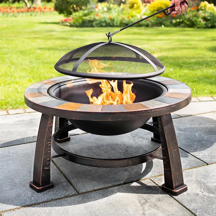Stonegate Firepit with Slate Mosaic Finish 60cm Durable Steel Three-Leg Design Easy Assembly Perfect for Outdoor Heating Cooking