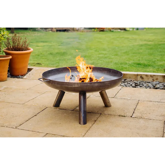 Primo Caldera Compact Brushed Steel Firebowl with Three-Leg Base - For Outdoor Logs or Briquettes - Easy Assembly - 35 x 60cm