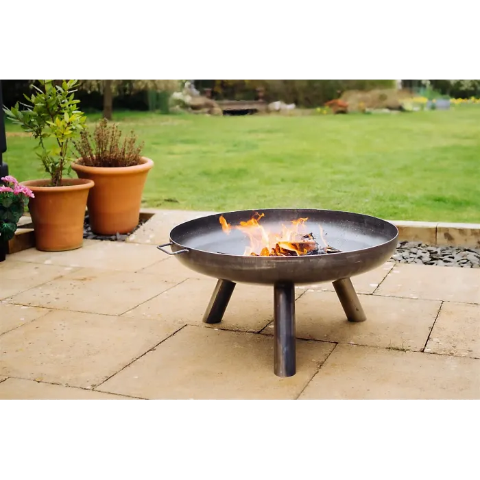 Primo Caldera Compact Brushed Steel Firebowl with Three-Leg Base - For Outdoor Logs or Briquettes - Easy Assembly - 35 x 60cm