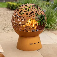 Helios Fireglobe Oxidised Steel Fireglobe with Dragon Cut-Out Light Display Outdoor Firepit for Logs or Briquettes - 57 x 45cm