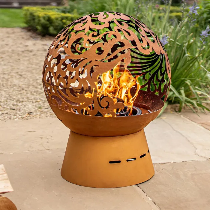 Helios Fireglobe Oxidised Steel Fireglobe with Dragon Cut-Out Light Display Outdoor Firepit for Logs or Briquettes - 57 x 45cm