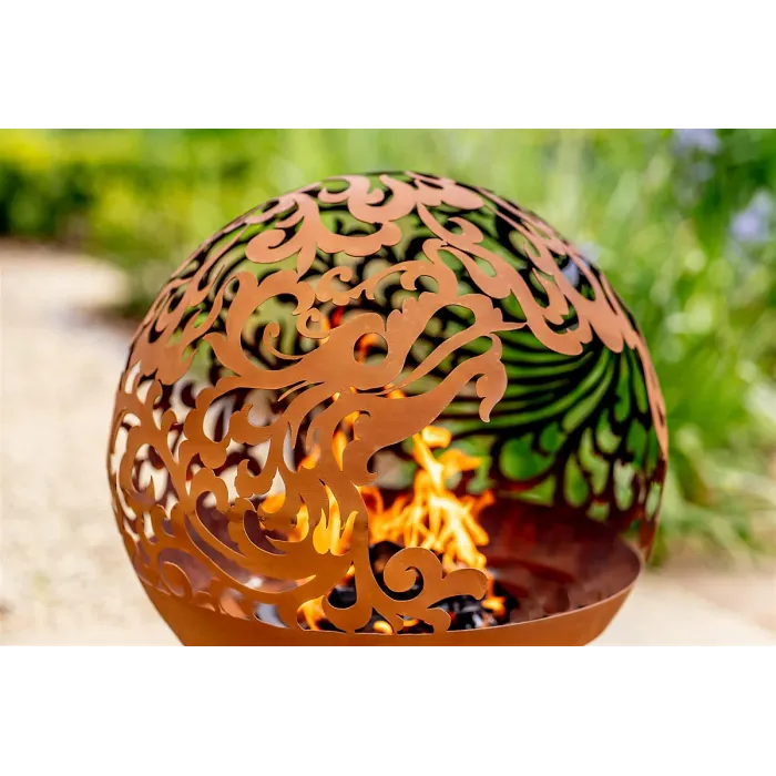 Helios Fireglobe Oxidised Steel Fireglobe with Dragon Cut-Out Light Display Outdoor Firepit for Logs or Briquettes - 57 x 45cm