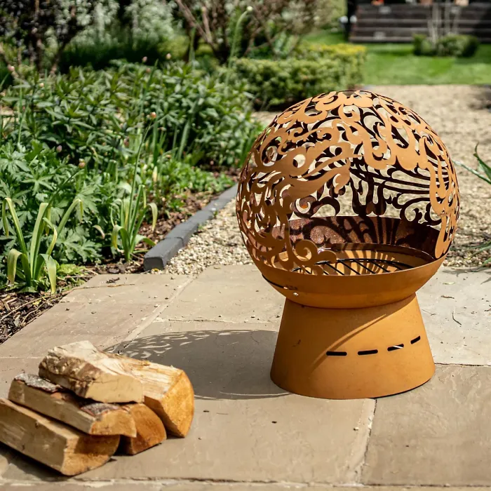 Helios Fireglobe Oxidised Steel Fireglobe with Dragon Cut-Out Light Display Outdoor Firepit for Logs or Briquettes - 57 x 45cm