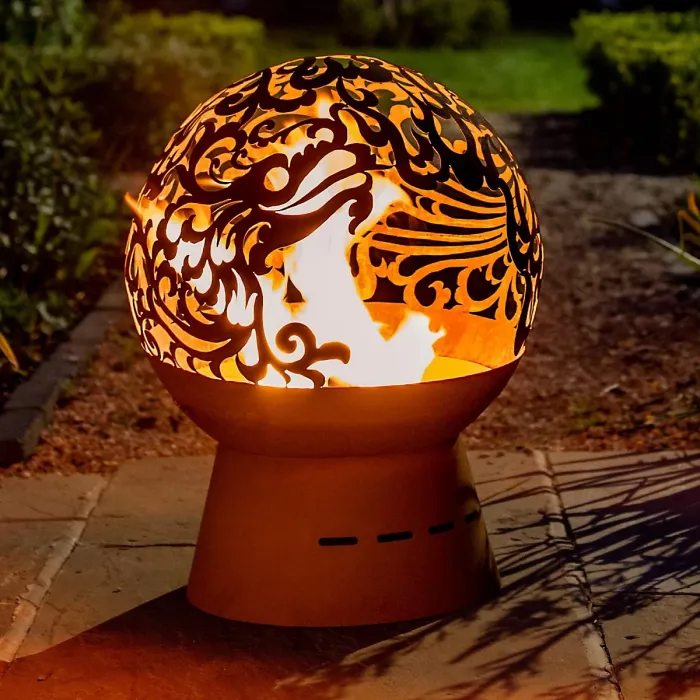 Helios Fireglobe Oxidised Steel Fireglobe with Dragon Cut-Out Light Display Outdoor Firepit for Logs or Briquettes - 57 x 45cm