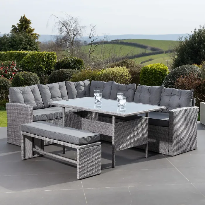 Piana Grey Outdoor Rattan Corner Sofa with Table and Bench