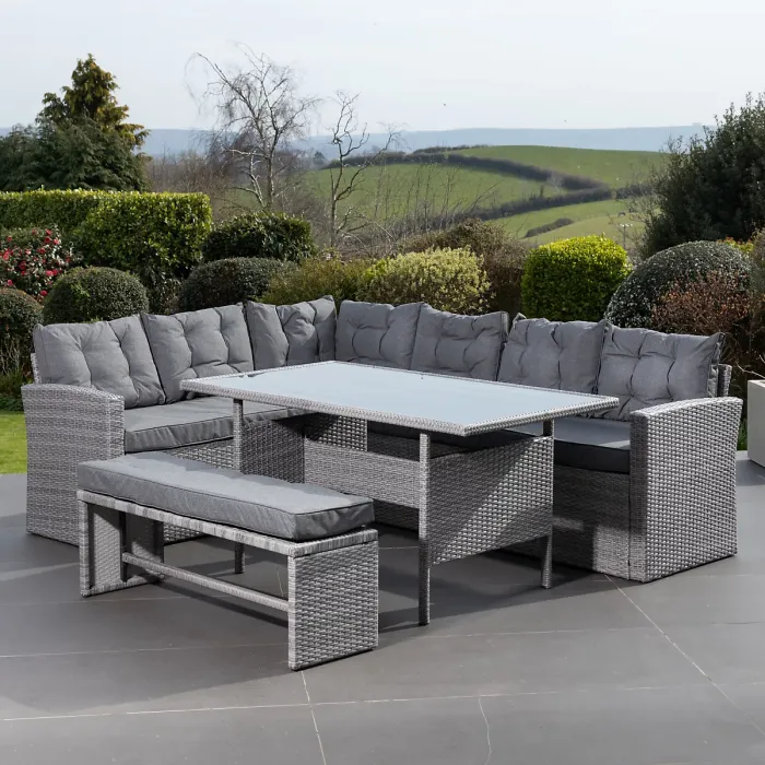 Piana Grey Outdoor Rattan Corner Sofa with Table and Bench