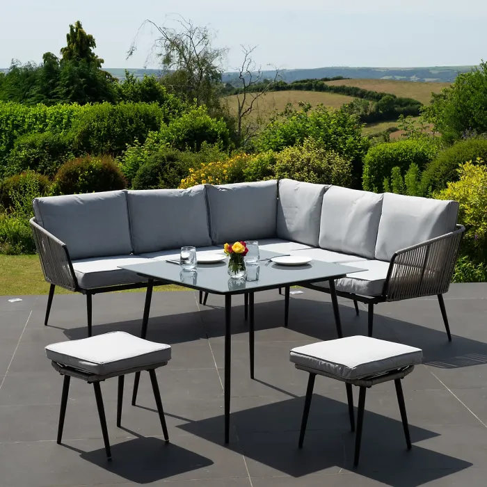 Sartene Outdoor Dining Set - Corner Sofa, Dining Table, 2 x Stools