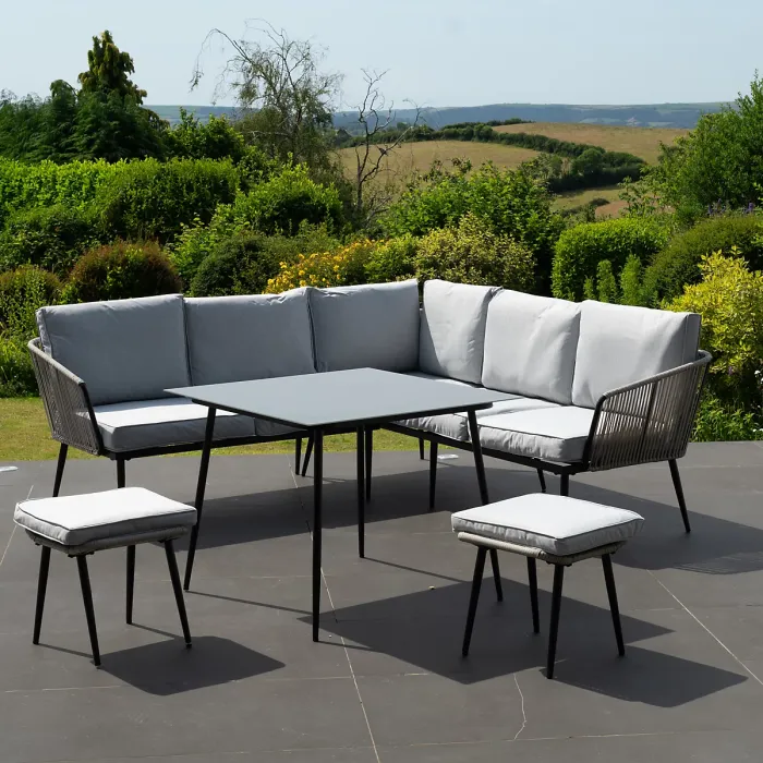 Sartene Outdoor Dining Set - Corner Sofa, Dining Table, 2 x Stools