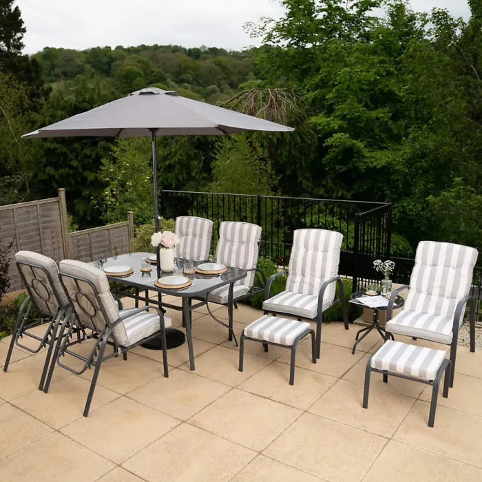 Primrose 6 Seater Reclining Chair Garden Dining Furniture Set Table Parasol Grey