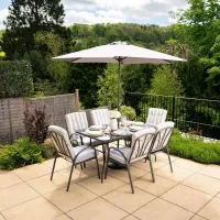 Primrose 6 Seater Garden Furniture Dining Set with Reversible Cushions and Crank Parasol in Grey