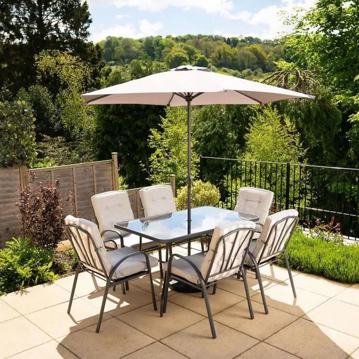 Primrose 6 Seater Garden Furniture Dining Set with Reversible Cushions and Crank Parasol in Grey