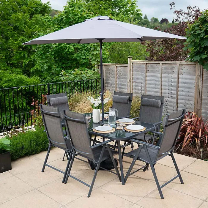 Primrose 6 Seater Dining Set Garden Furniture With Parasol Reclining Chairs Glass Table In Grey
