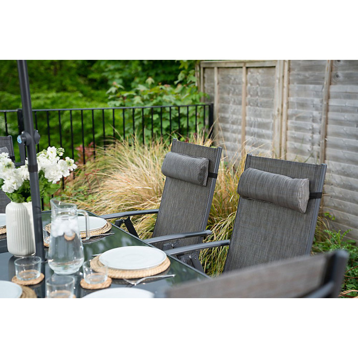 Primrose 6 Seater Dining Set Garden Furniture With Parasol Reclining Chairs Glass Table In Grey
