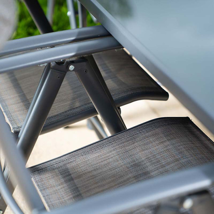 Primrose 6 Seater Dining Set Garden Furniture With Parasol Reclining Chairs Glass Table In Grey