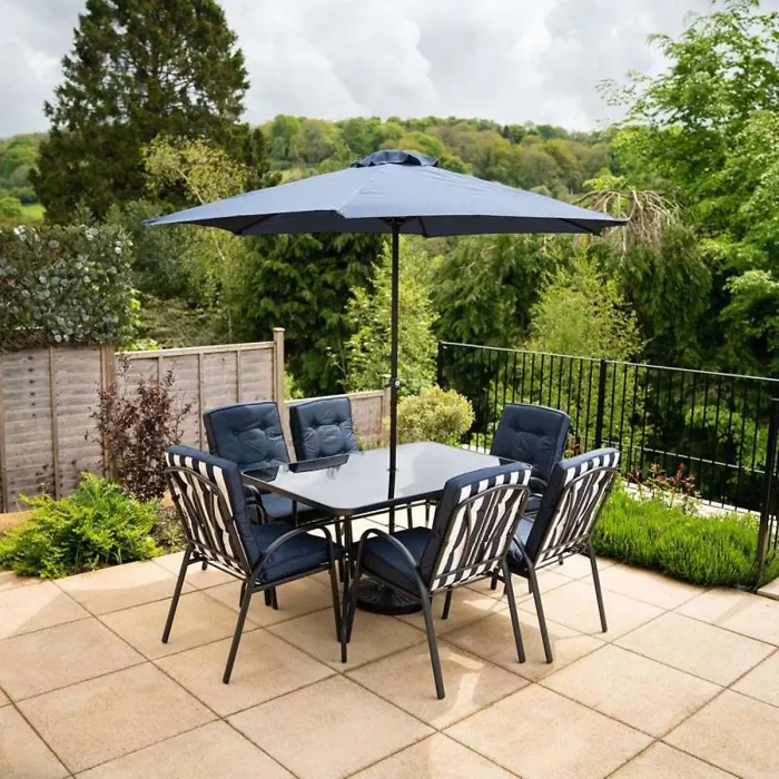 Primrose 6 Seater Garden Furniture Dining Set with Reversible Cushions and Crank Parasol in Navy