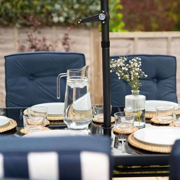 Primrose 6 Seater Garden Furniture Dining Set with Reversible Cushions and Crank Parasol in Navy