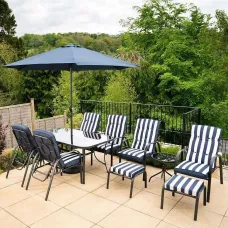 Primrose 6 Seater Reclining Garden Furniture Dining Set with Reversible Cushions and Crank Parasol in Navy