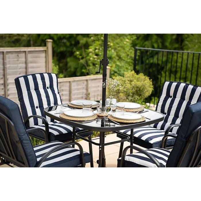 Primrose 6 Seater Reclining Garden Furniture Dining Set with Reversible Cushions and Crank Parasol in Navy