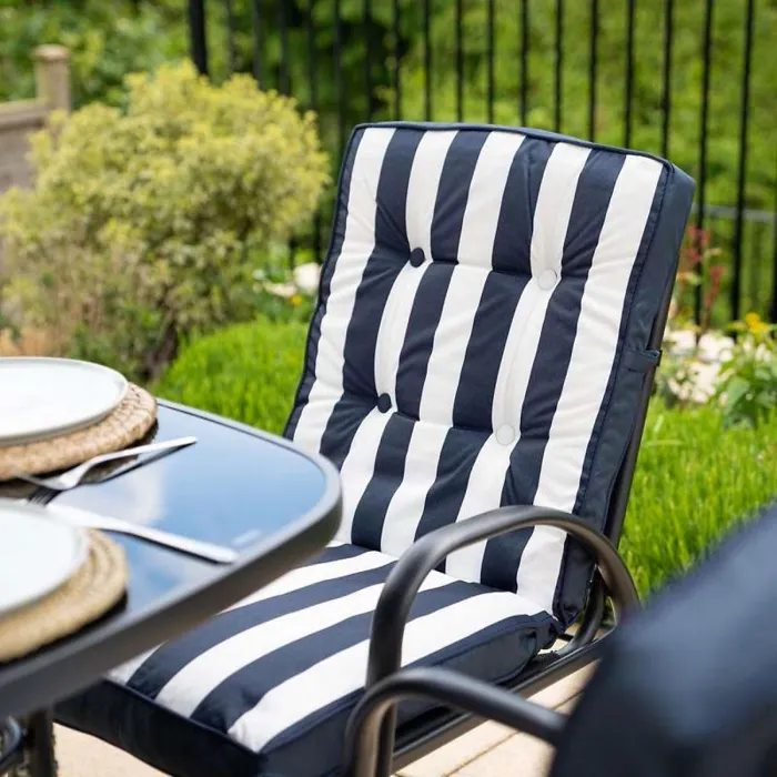 Primrose 6 Seater Reclining Garden Furniture Dining Set with Reversible Cushions and Crank Parasol in Navy