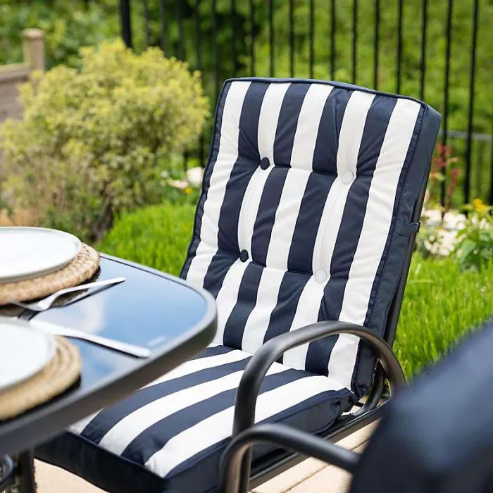 Primrose 6 Seater Reclining Garden Furniture Dining Set with Reversible Cushions and Crank Parasol in Navy