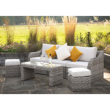 Primrose Living Luxury Rattan 5 Seater Modular Garden Furniture Sofa Set with Open Coffee Table and Footstools in Stone