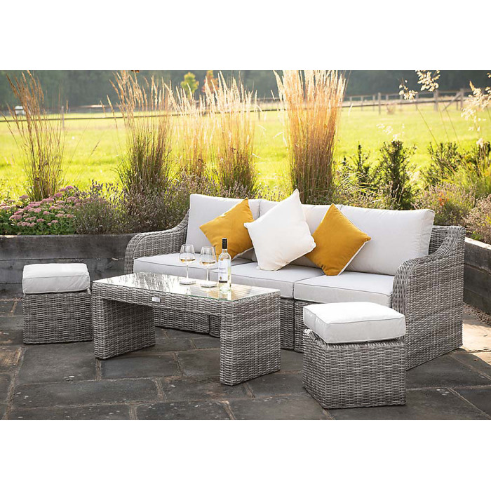 Primrose Living Luxury Rattan 5 Seater Modular Garden Furniture Sofa Set with Open Coffee Table and Footstools in Stone