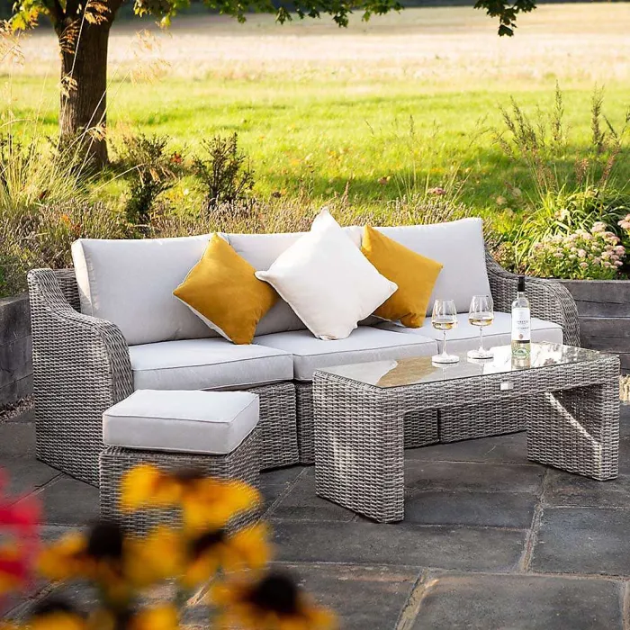 Primrose Living Luxury Rattan 5 Seater Modular Garden Furniture Sofa Set with Open Coffee Table and Footstools in Stone